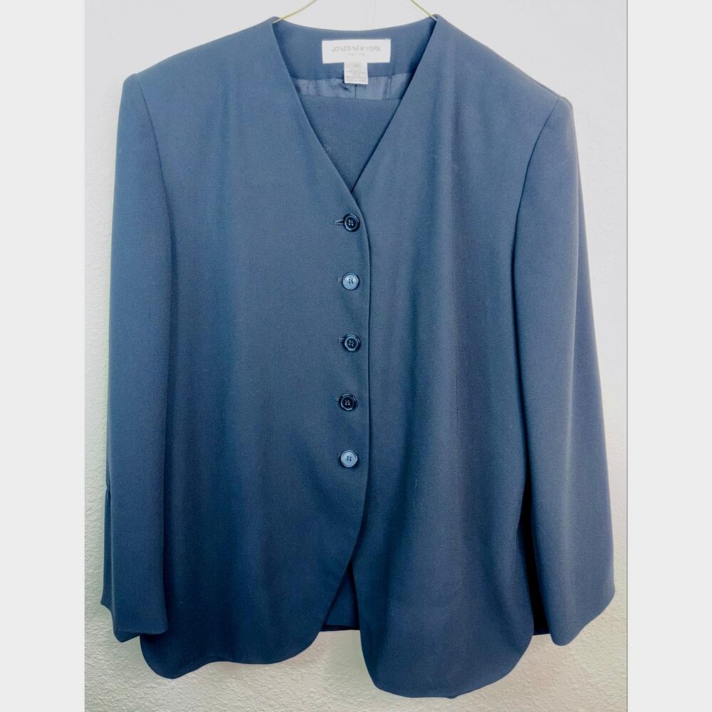 Jones New York Petite Collarless Black Suit Jacket / Pants, Size 14P, Vintage